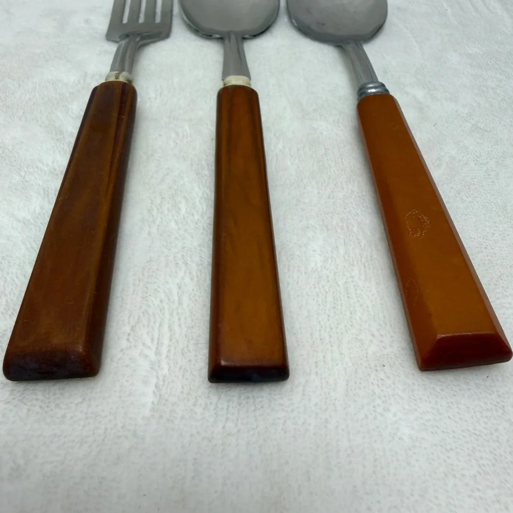 Vintage Butterscotch Handle Utensil Set 3pc Stainless USA Mid Century Modern MCM